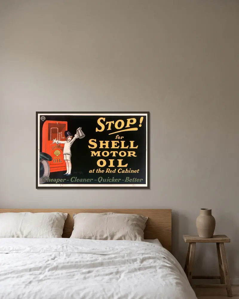 Stop! for Shell motor oil at the Red Cabinet av Jean d'Ylen inramad på en vägg