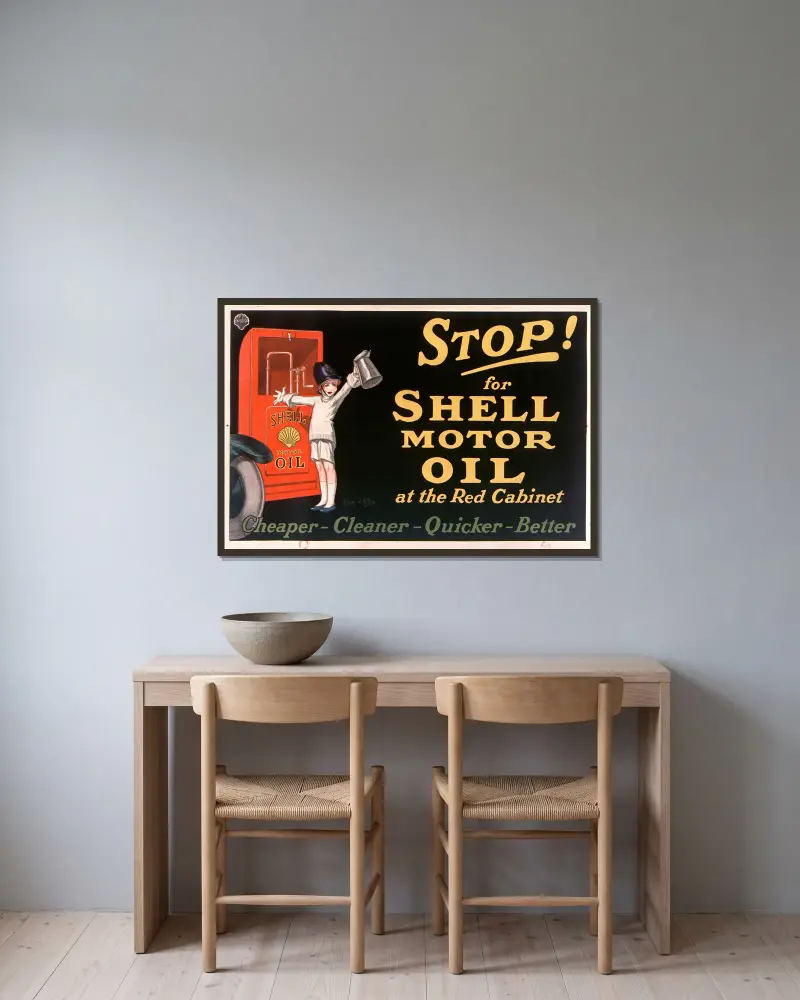 Stop! for Shell motor oil at the Red Cabinet av Jean d'Ylen inramad på en vägg