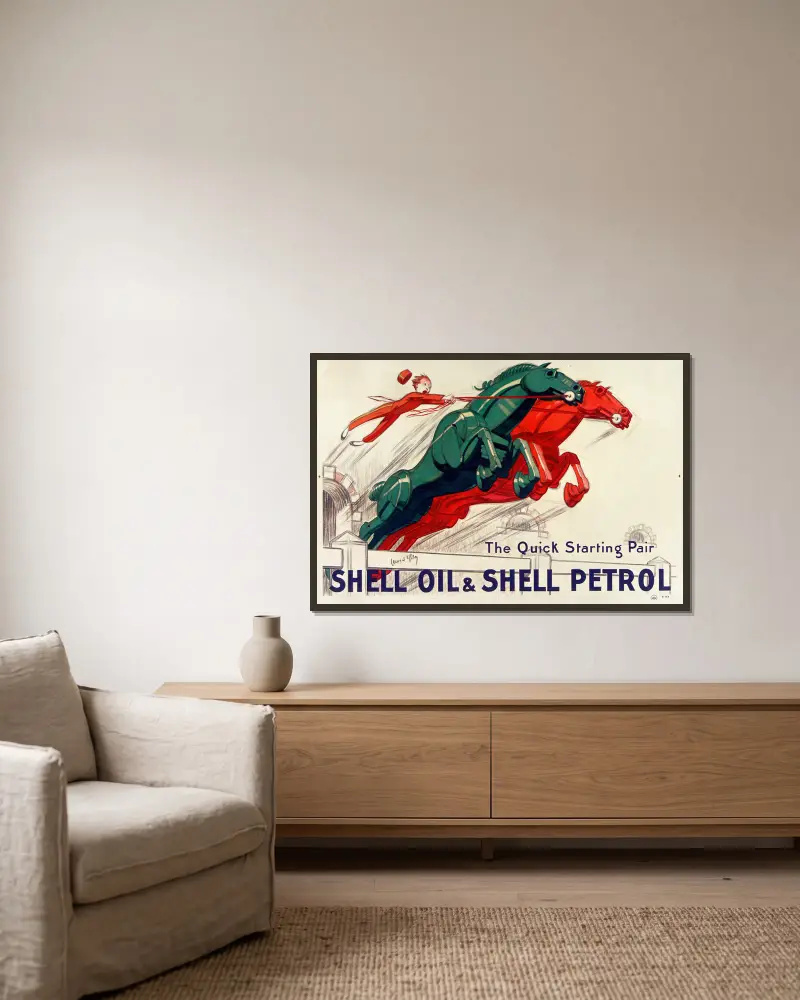 The Quick-starting pair Shell oil and Shell petrol av Jean d'Ylen inramad på en vägg