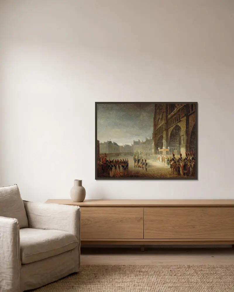 Die Segnung der Fahnen auf dem Vorplatz von Notre-Dame von Antoine-Jean Gros gerahmt an einer Wand