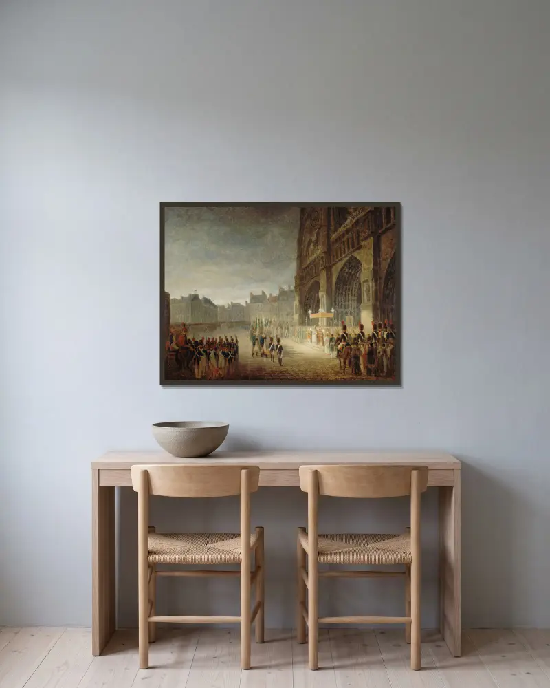 Die Segnung der Fahnen auf dem Vorplatz von Notre-Dame von Antoine-Jean Gros gerahmt an einer Wand