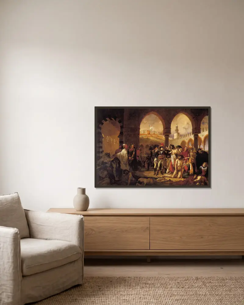 Bonaparte beim Besuch der Pestkranken von Jaffa am 11. März 1799 von Antoine-Jean Gros gerahmt an einer Wand