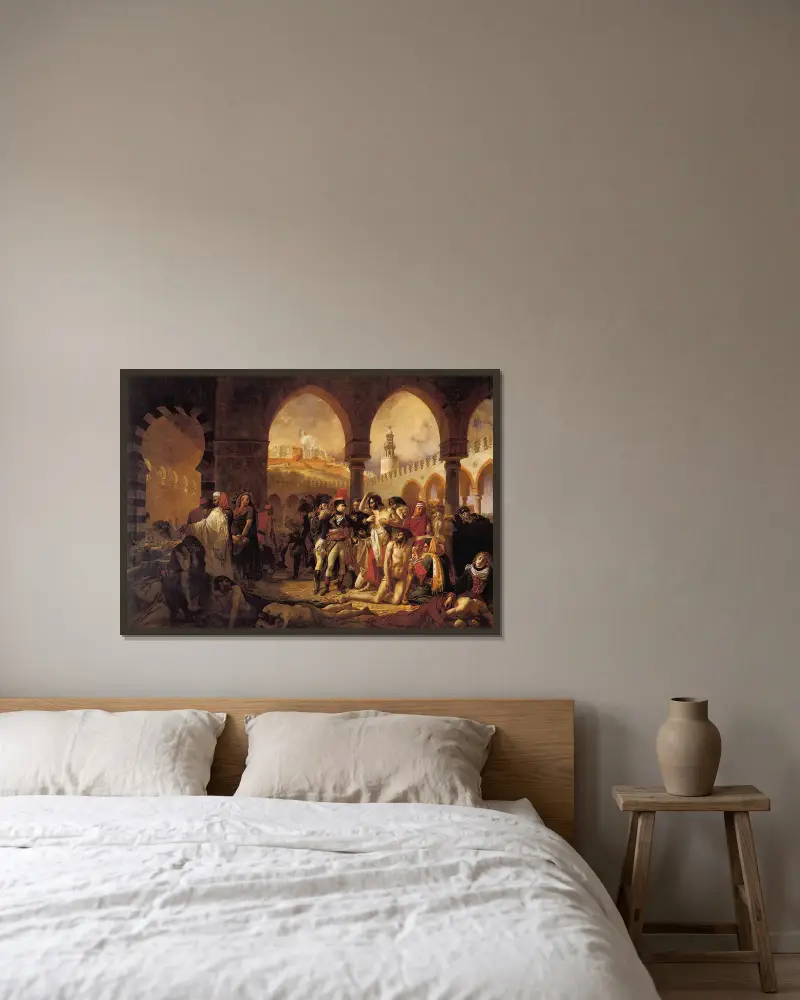 Bonaparte beim Besuch der Pestkranken von Jaffa am 11. März 1799 von Antoine-Jean Gros gerahmt an einer Wand