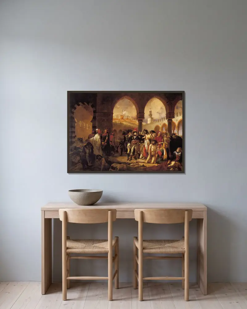Bonaparte beim Besuch der Pestkranken von Jaffa am 11. März 1799 von Antoine-Jean Gros gerahmt an einer Wand