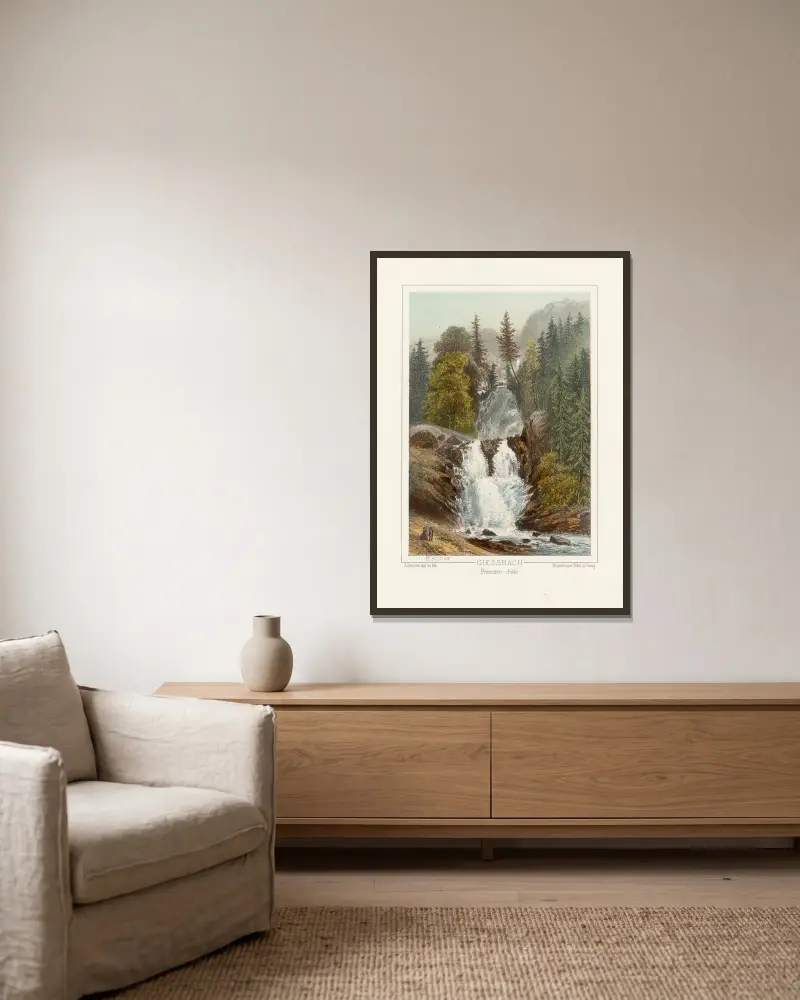 Giessbach, erster Wasserfall von Jean Jacottet gerahmt an einer Wand