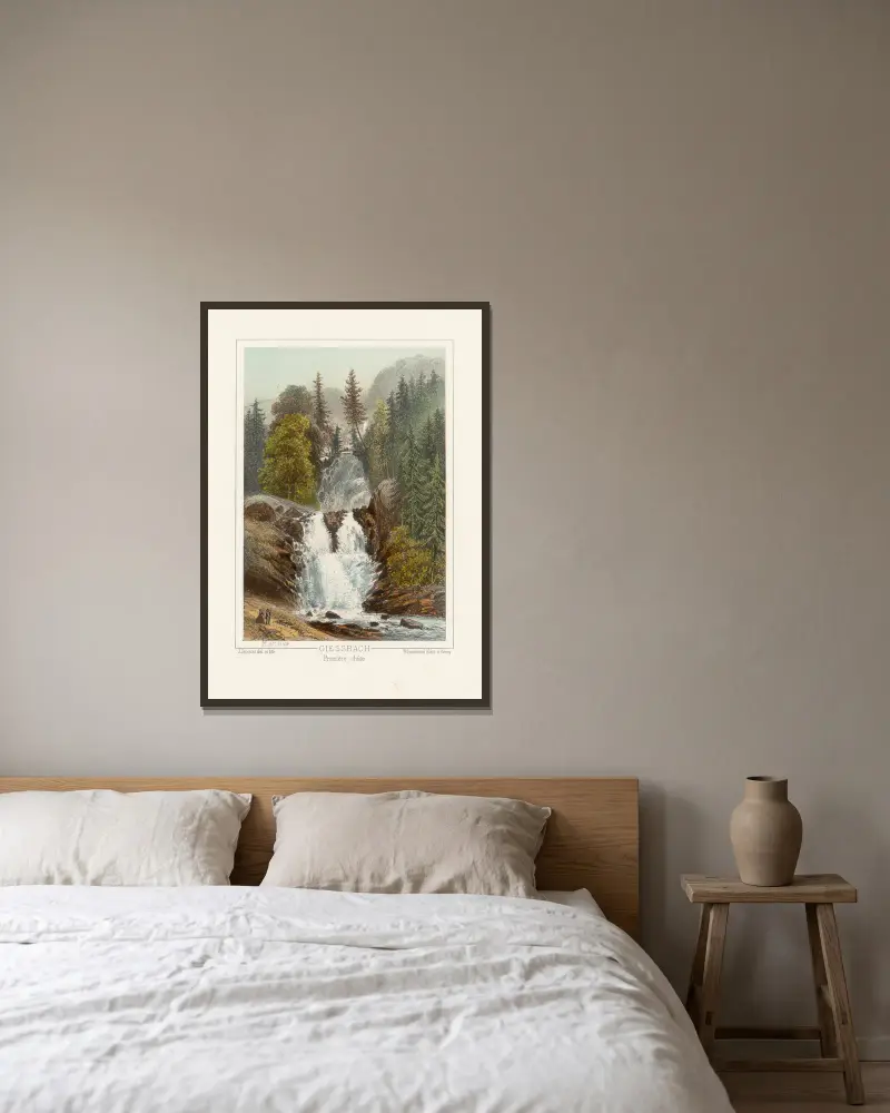 Giessbach, erster Wasserfall von Jean Jacottet gerahmt an einer Wand