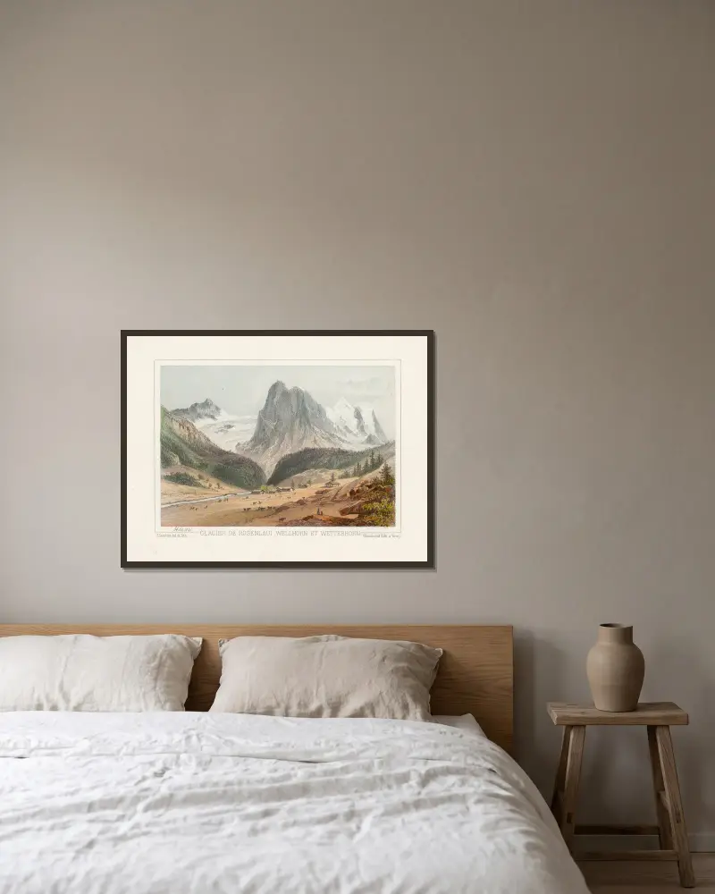 Rosenlauis glaciär, Wellhorn och Wetterhorn av Jean Jacottet inramad på en vägg