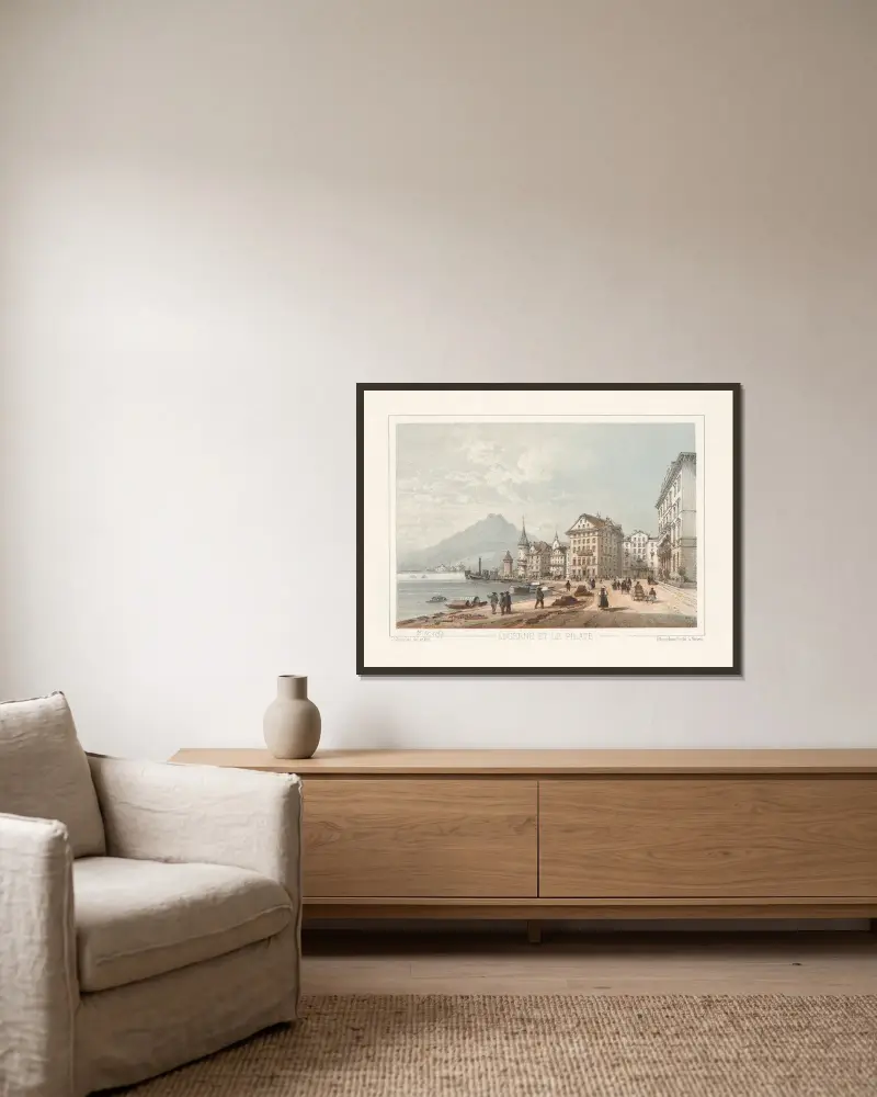 Luzern och Pilatus av Jean Jacottet inramad på en vägg