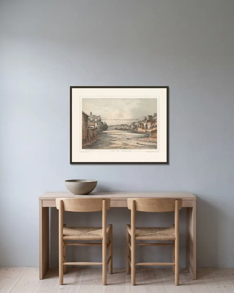 Pont de Fribourg av Jean Jacottet inramad på en vägg