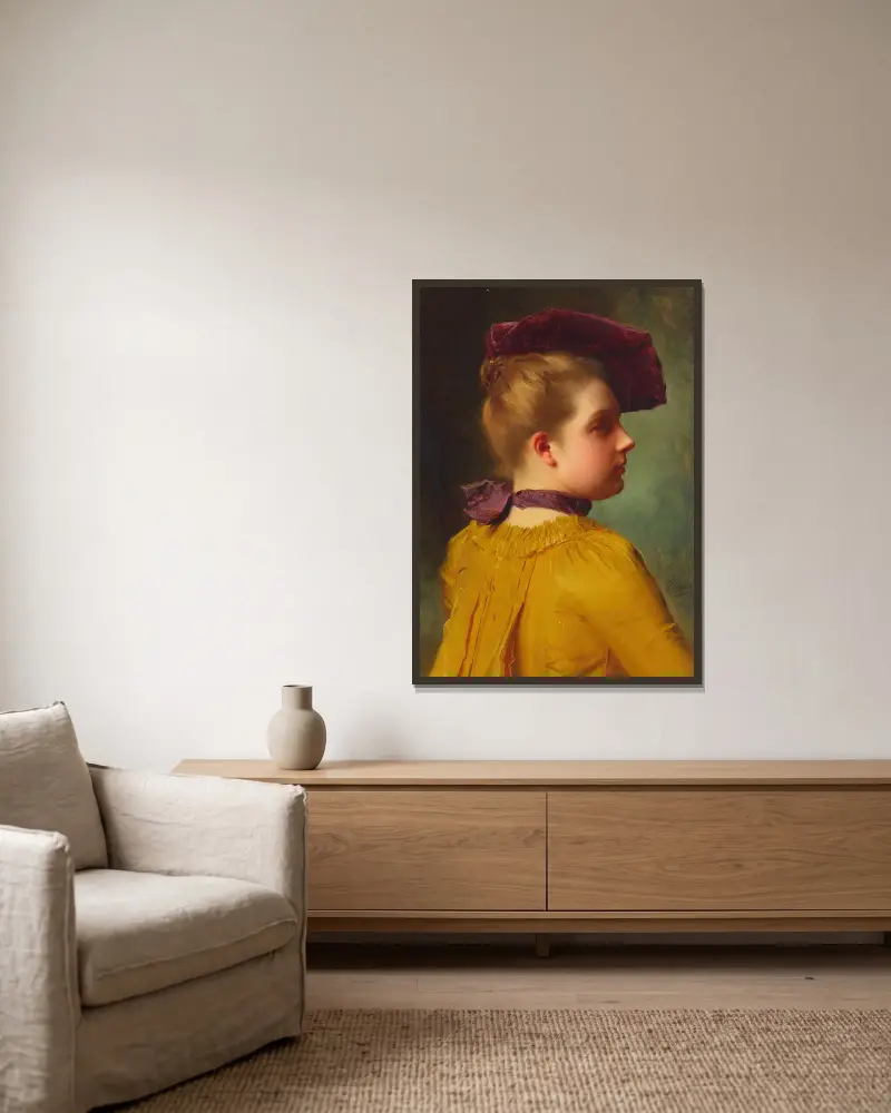 A portrait of a lady in a plum chapeau av Gustave Jean Jacquet inramad på en vägg