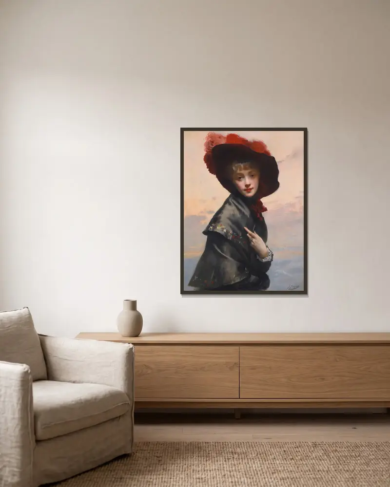 Dame au chapeau av Gustave Jean Jacquet inramad på en vägg