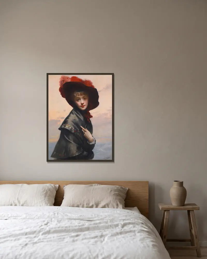 Dame au chapeau av Gustave Jean Jacquet inramad på en vägg