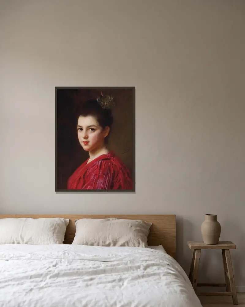 Femme à la robe rouge av Gustave Jean Jacquet inramad på en vägg
