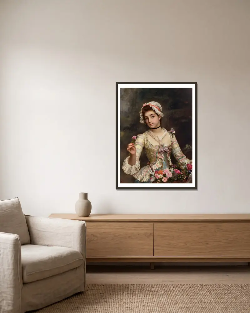La bouquetière av Gustave Jean Jacquet inramad på en vägg
