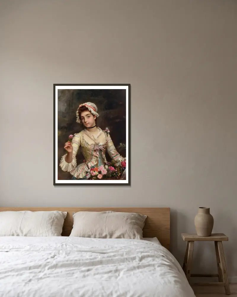 La bouquetière av Gustave Jean Jacquet inramad på en vägg