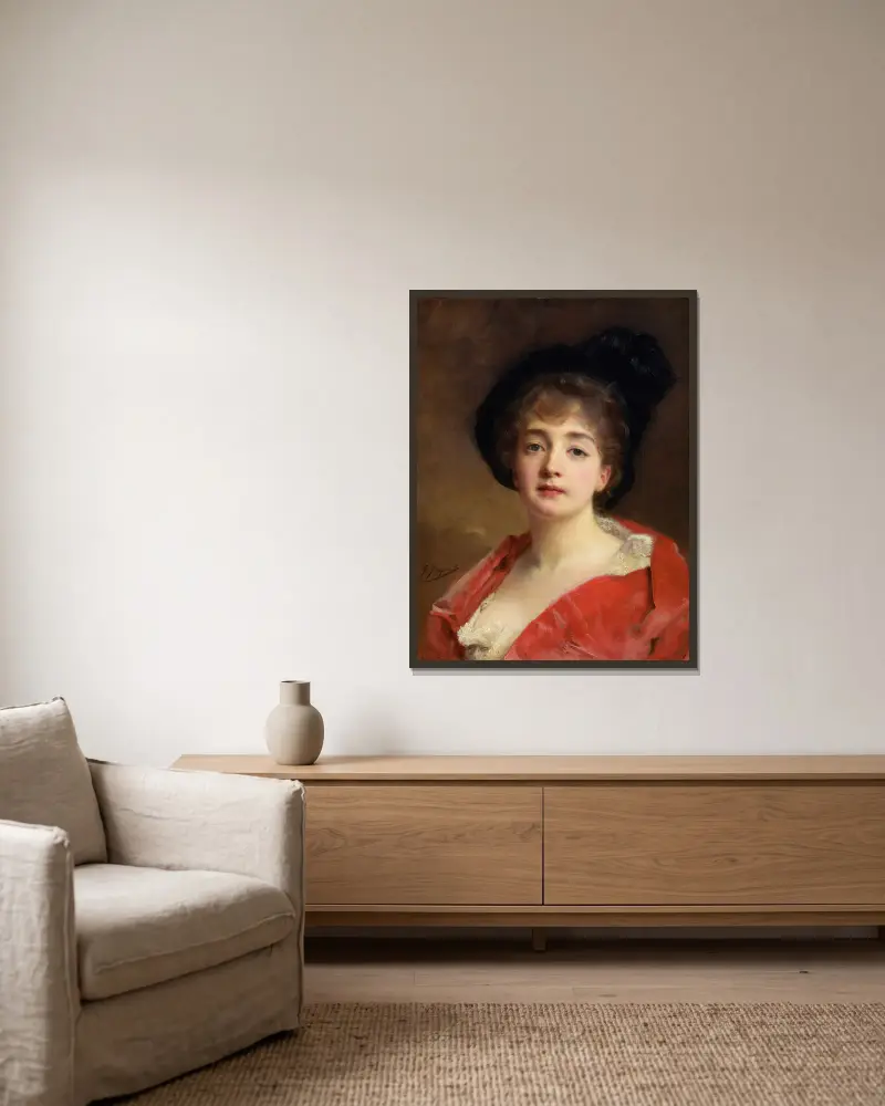 Kvinna i rött av Gustave Jean Jacquet inramad på en vägg