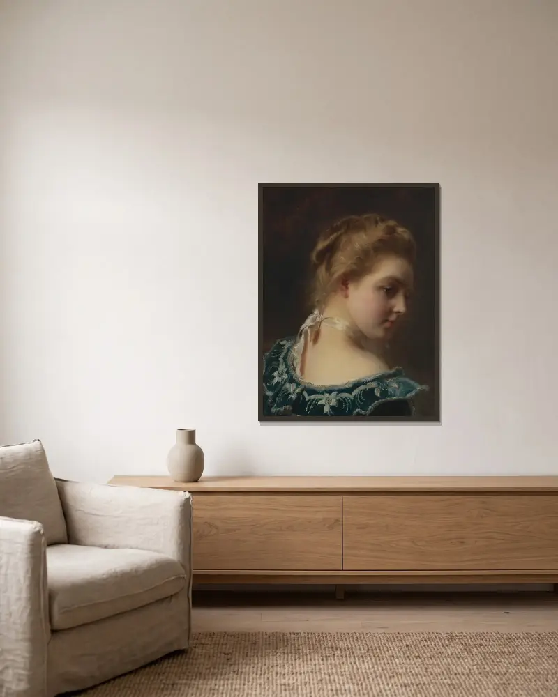 Ung skönhet i grön klänning av Gustave Jean Jacquet inramad på en vägg