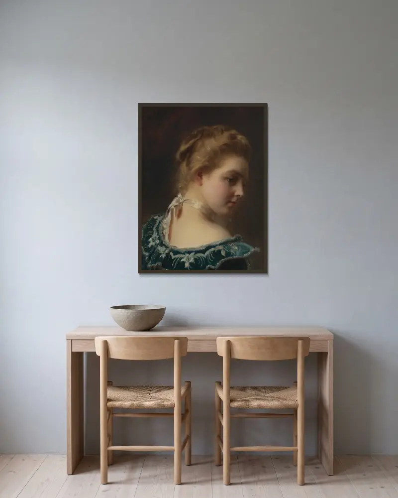 Ung skönhet i grön klänning av Gustave Jean Jacquet inramad på en vägg