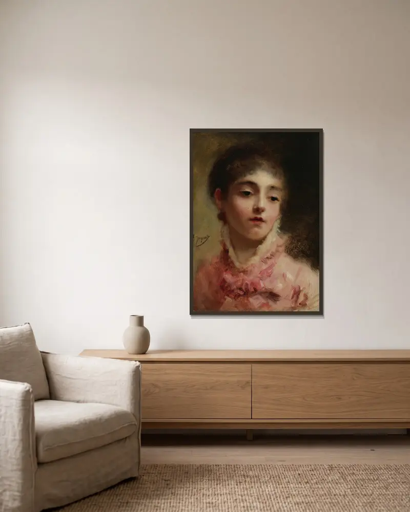 Young Woman In A Pink Dress av Gustave Jean Jacquet inramad på en vägg
