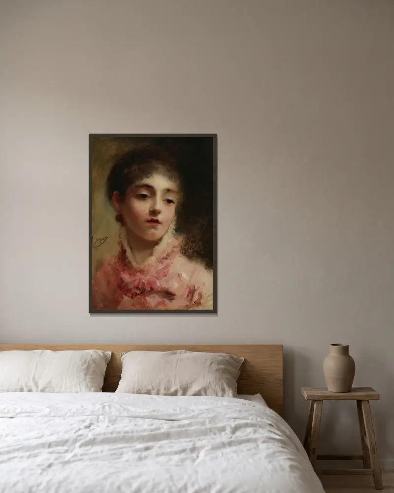 Young Woman In A Pink Dress av Gustave Jean Jacquet inramad på en vägg
