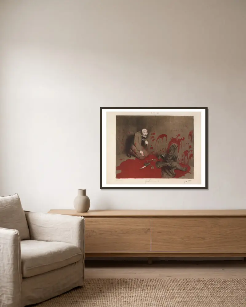 Wilhelm II. von Jean Veber gerahmt an einer Wand