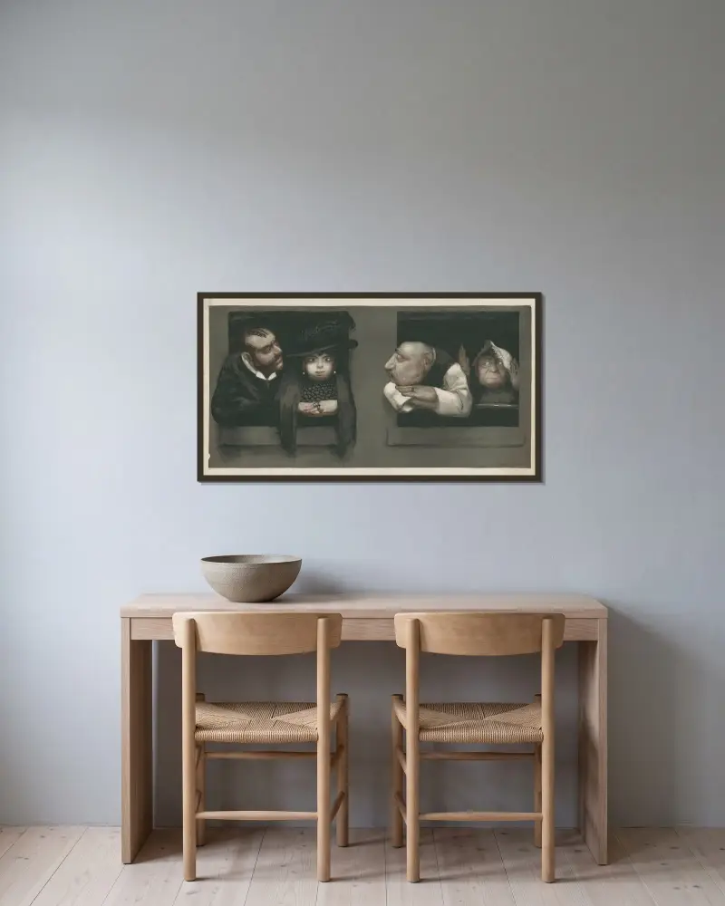 Herr und Frau Lhomme. Die Fenster von Jean Veber gerahmt an einer Wand