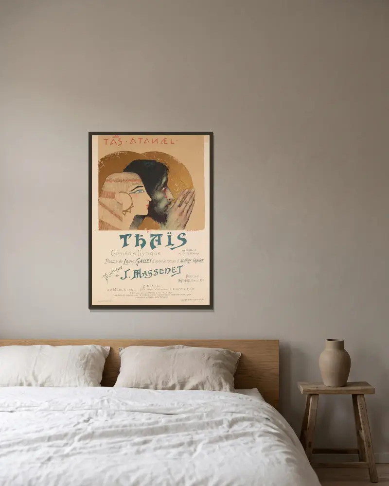 Thaïs – omslag till det lyriska skådespelet av Jules Massenet av Jean Veber inramad på en vägg