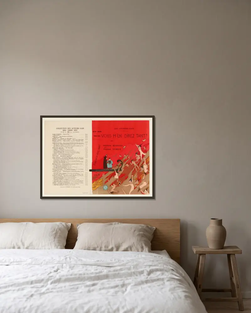 Vous m’en direz tant! – projet de couverture du livre de Tristan Bernard et Pierre Veber av Jean Veber inramad på en vägg