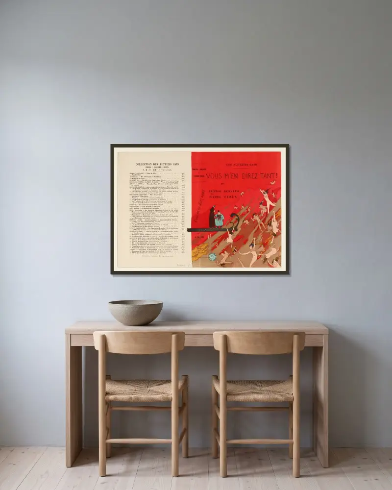 Vous m’en direz tant! – projet de couverture du livre de Tristan Bernard et Pierre Veber av Jean Veber inramad på en vägg