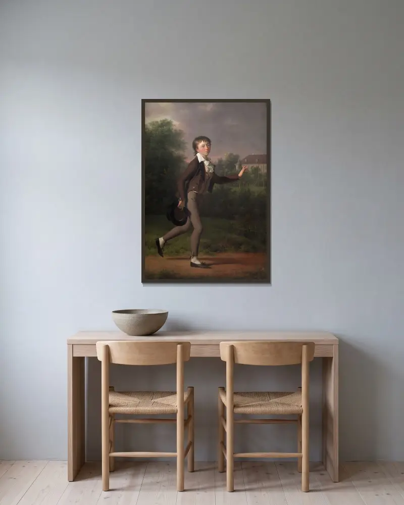 En springande pojke. Marcus Holst von Schmidten av Jens Juel inramad på en vägg
