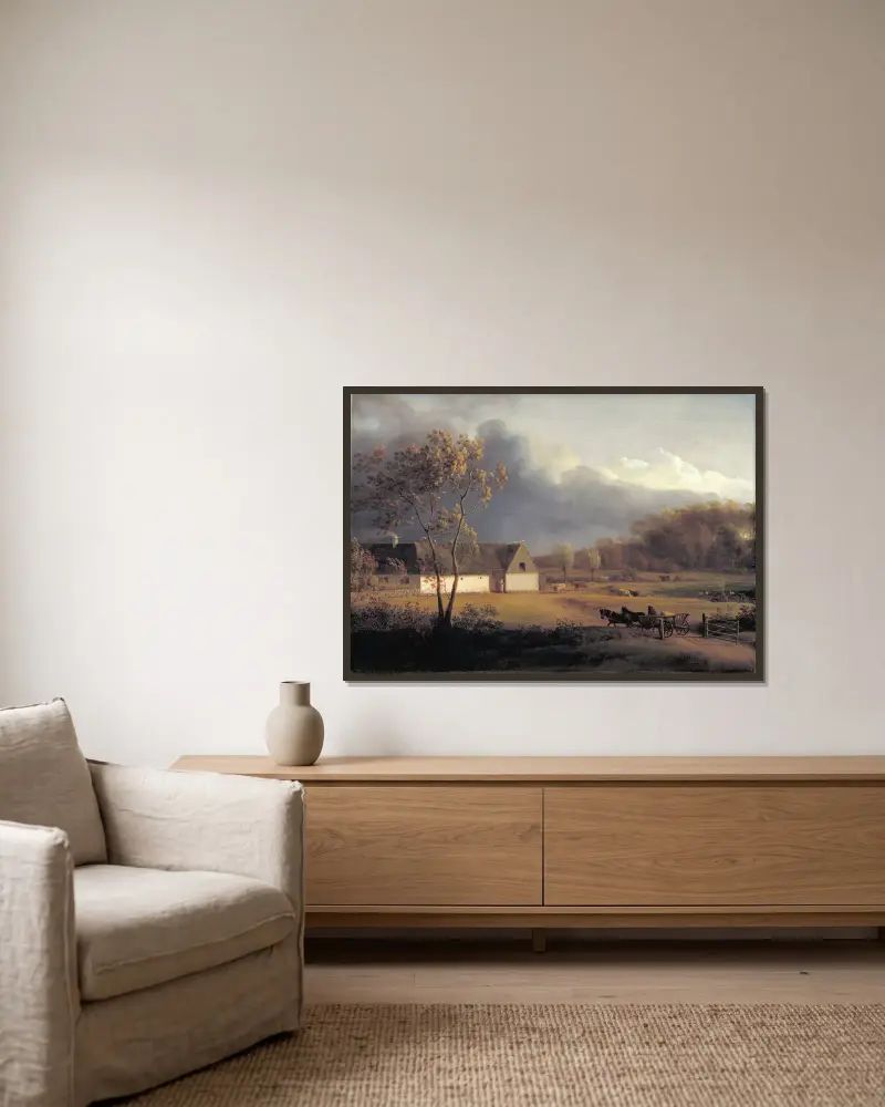 A Storm Brewing behind a Farmhouse in Zealand av Jens Juel inramad på en vägg