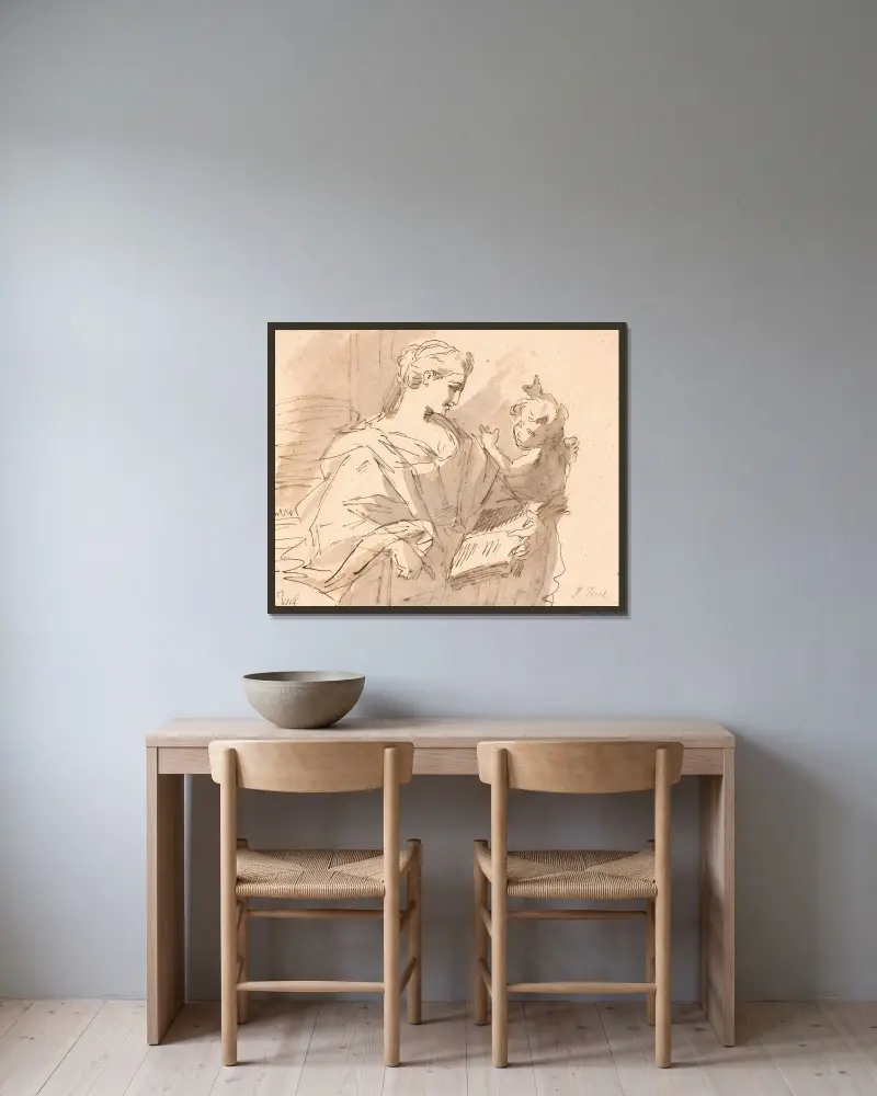 En helgonbild med båge och putto av Jens Juel inramad på en vägg