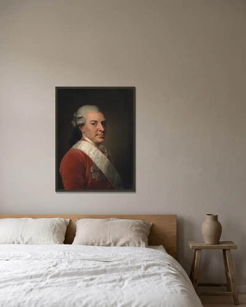 Geheimeråd Henrik Hielmstierne av Jens Juel inramad på en vägg