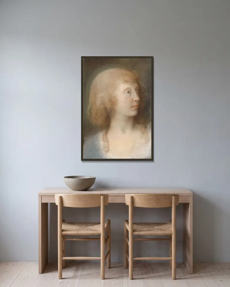 Porträtt av Anna Barbara Damkier, trekvart profil mot vänster av Jens Juel inramad på en vägg