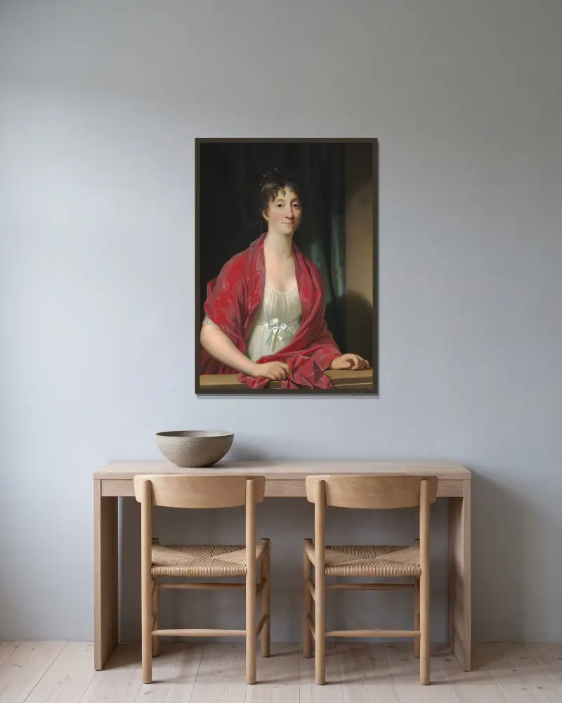 Portræt af Dorothea Elisabeth Hyllested av Jens Juel inramad på en vägg