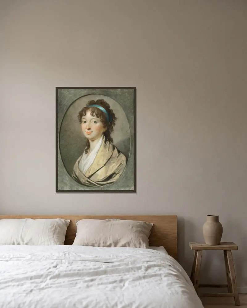 Portræt af en ung Dame med blaat Haarbaand av Jens Juel inramad på en vägg