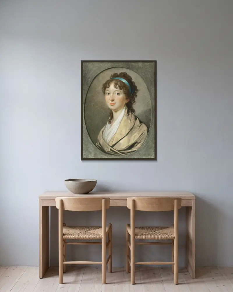 Portræt af en ung Dame med blaat Haarbaand av Jens Juel inramad på en vägg
