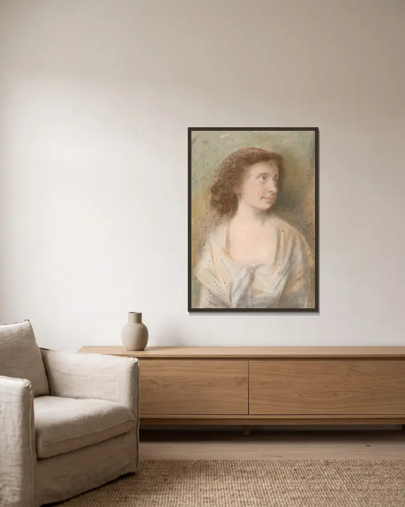 Porträtt av Maria Magdalene Becker av Jens Juel inramad på en vägg