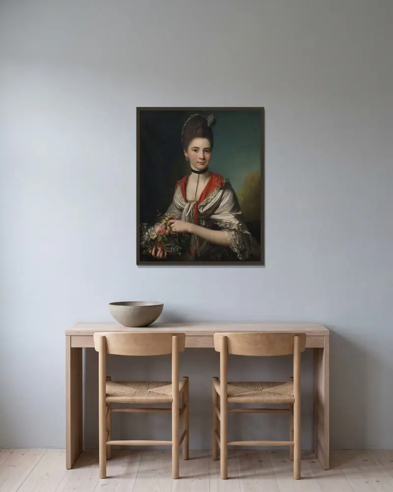 Porträtt av Anna Elisabeth Battier, född Storp av Jens Juel inramad på en vägg
