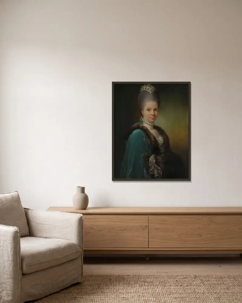 Portrait of Bodilla Birgitte von Munthe af Morgenstierne av Jens Juel inramad på en vägg