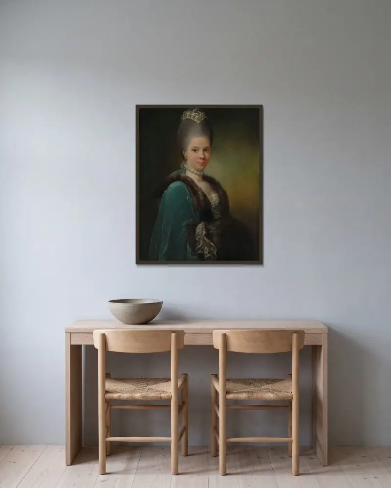 Portrait of Bodilla Birgitte von Munthe af Morgenstierne av Jens Juel inramad på en vägg