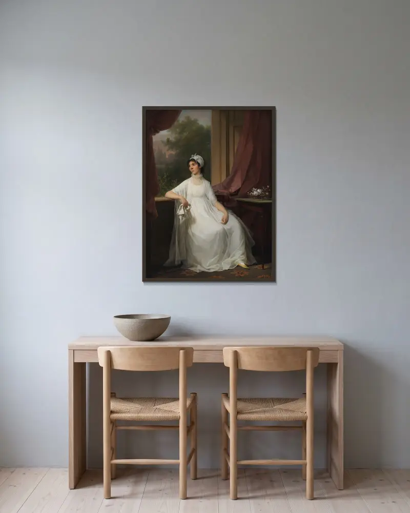 Portrait of Gertrud Hage, née Heitmann av Jens Juel inramad på en vägg