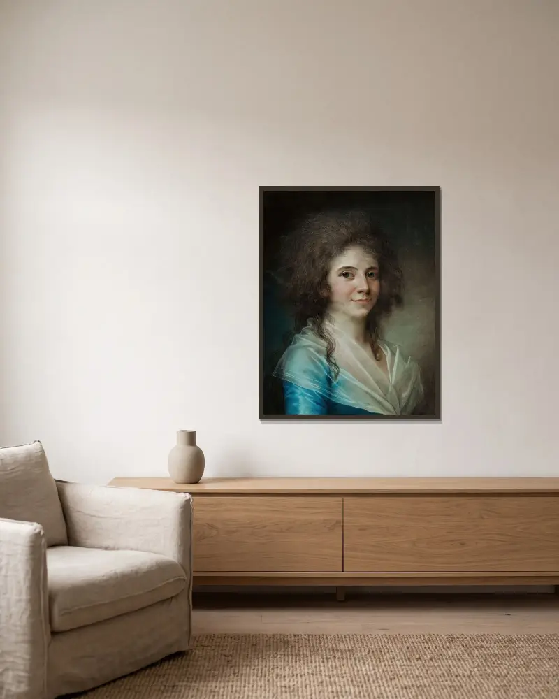 Portrait Of Wilhelmine Bertouch, Lady-In-Waiting av Jens Juel inramad på en vägg