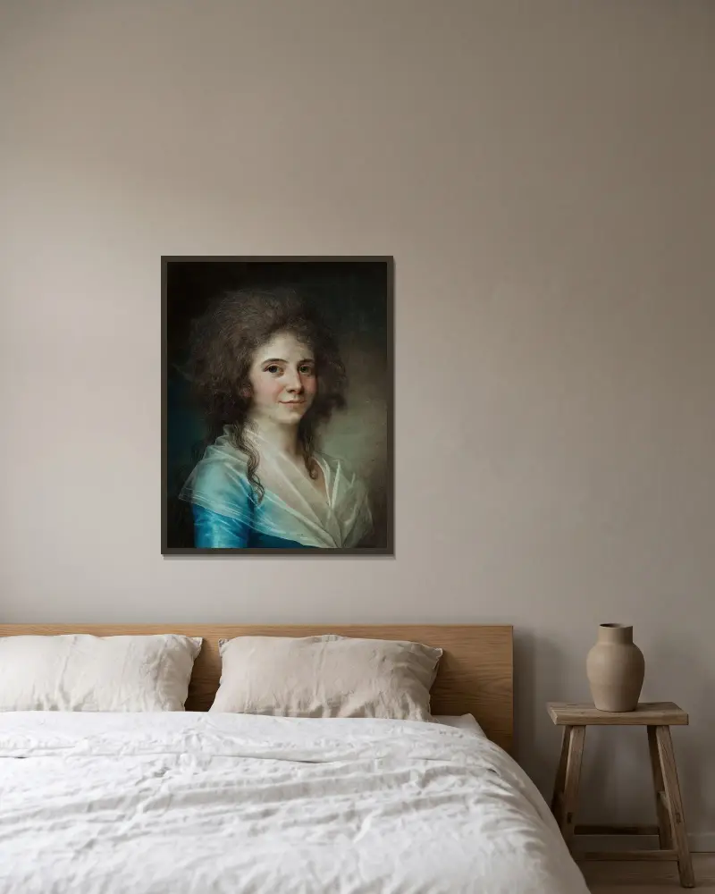 Portrait Of Wilhelmine Bertouch, Lady-In-Waiting av Jens Juel inramad på en vägg