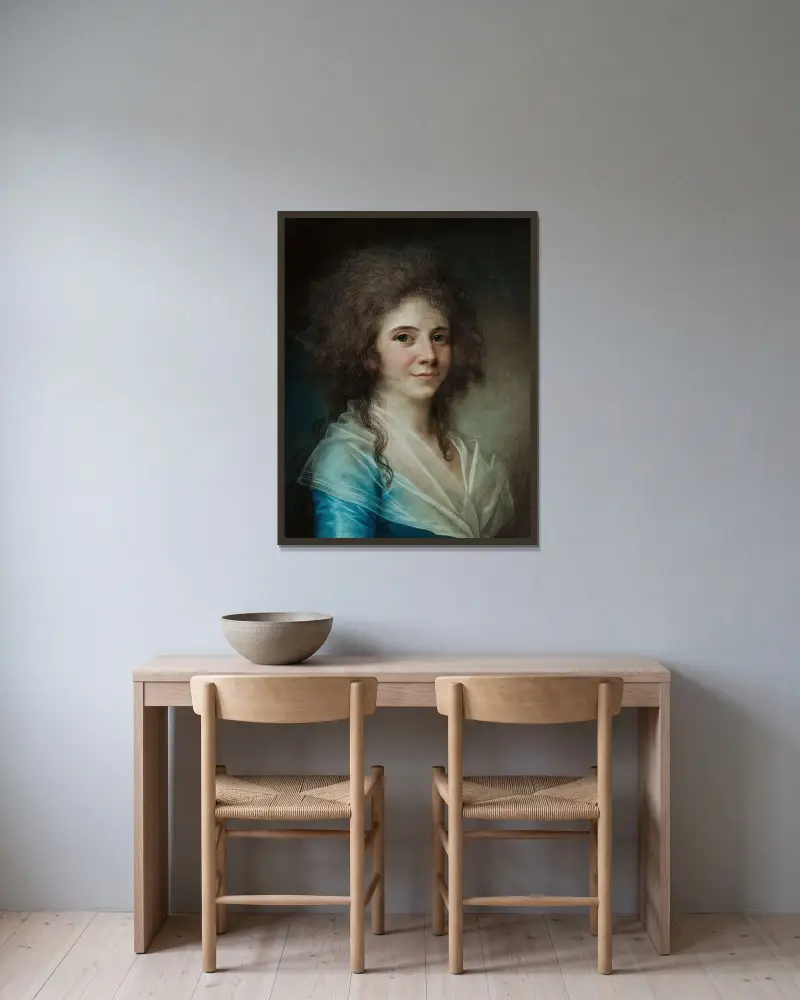 Portrait Of Wilhelmine Bertouch, Lady-In-Waiting av Jens Juel inramad på en vägg