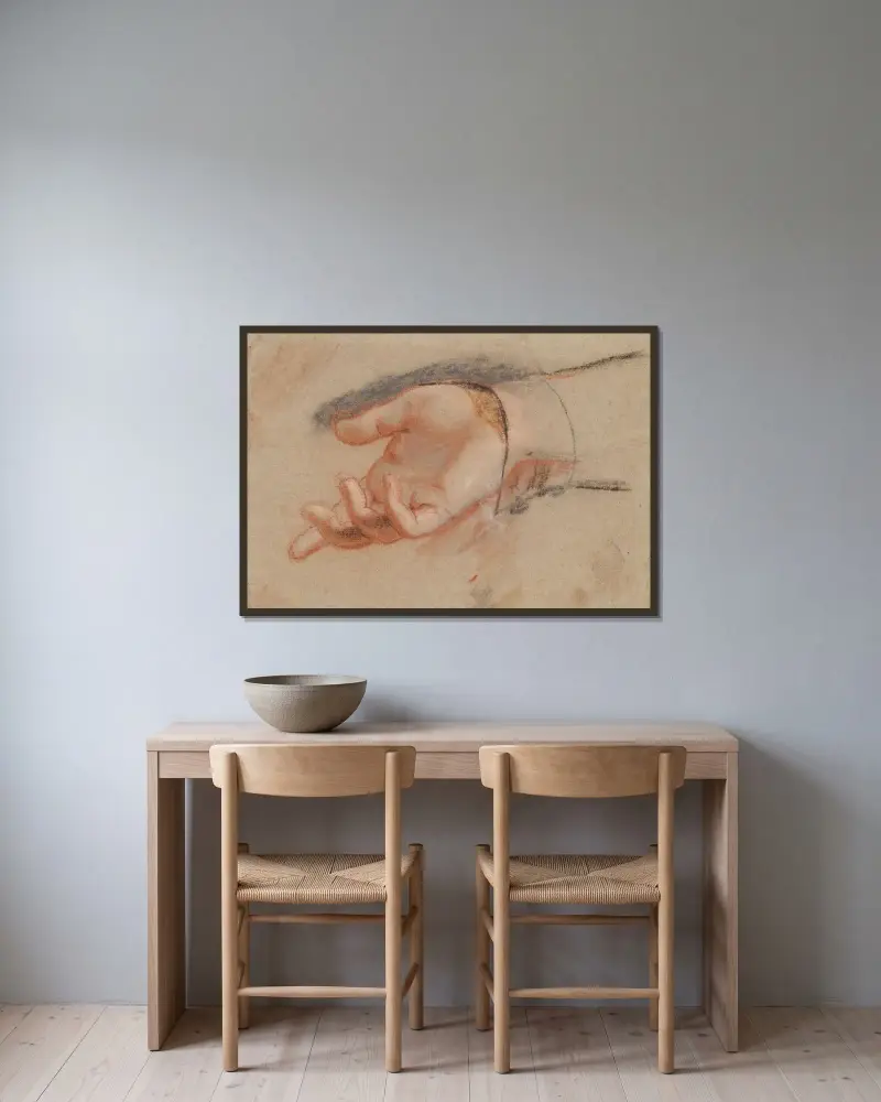 Studie av en kvinnas högra armbågsled av Jens Juel inramad på en vägg