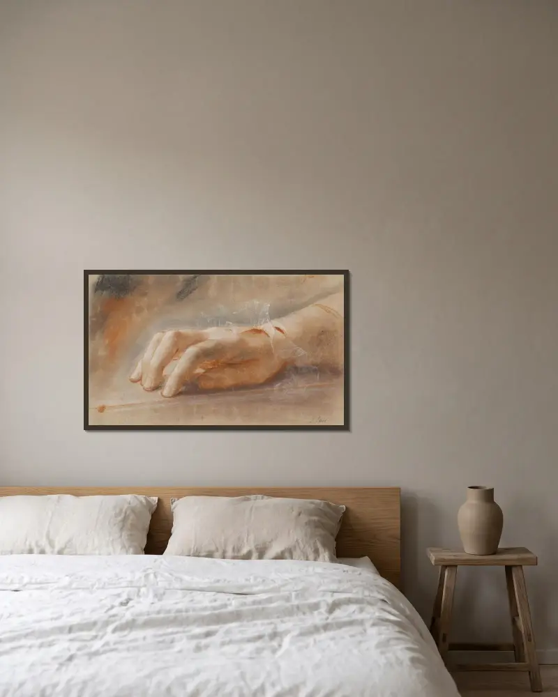Studie einer rechten Hand für das Porträt der Gräfin Anna Joachima Danneskiold-Laurvigen von Jens Juel gerahmt an einer Wand