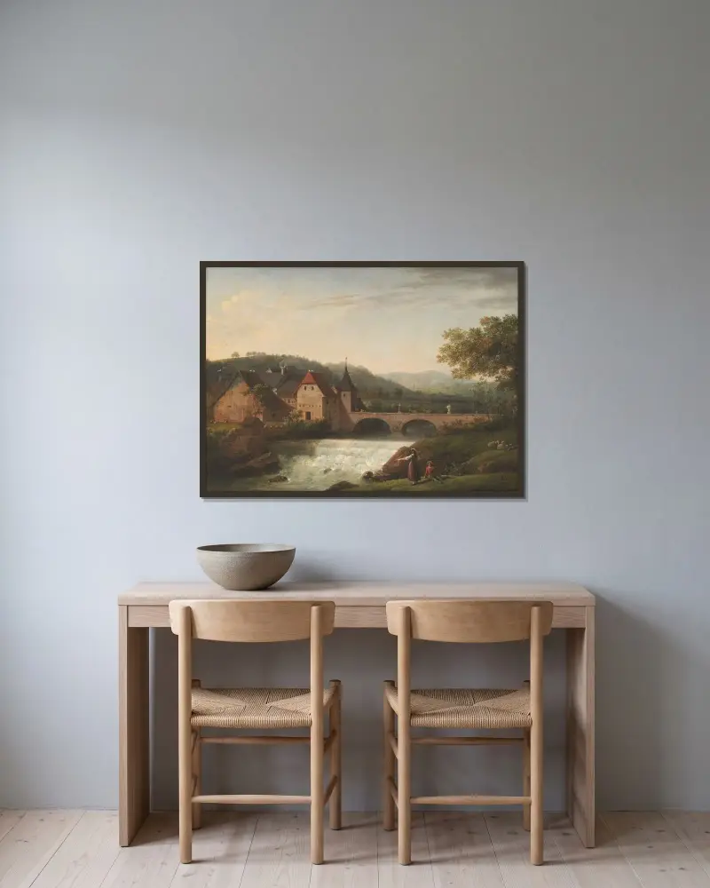 Bron och vattenfallet vid Dornach i Schweiz av Jens Juel inramad på en vägg
