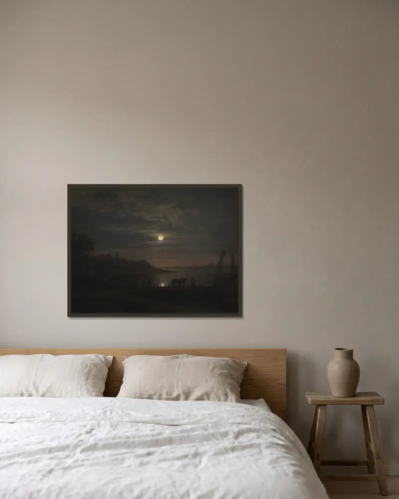 The Crossing over the Little Belt at Snoghøj. Moonrise av Jens Juel inramad på en vägg