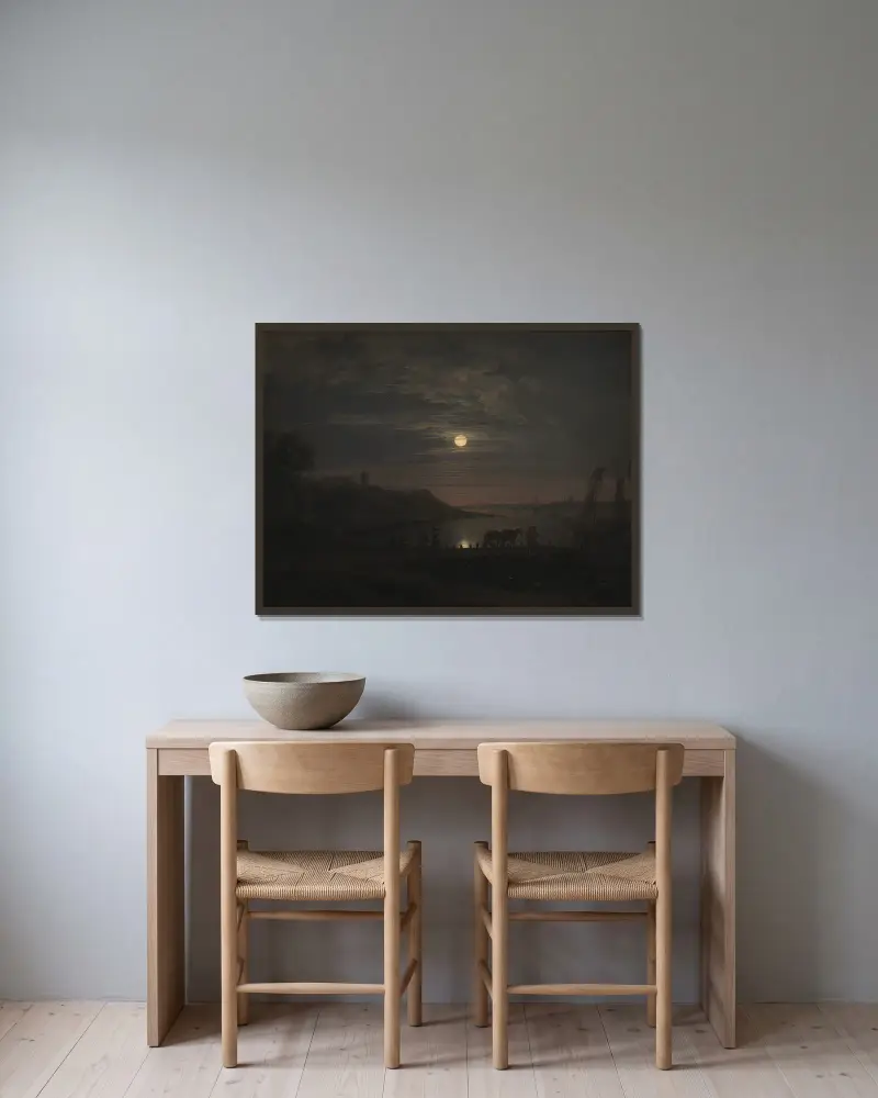 The Crossing over the Little Belt at Snoghøj. Moonrise av Jens Juel inramad på en vägg
